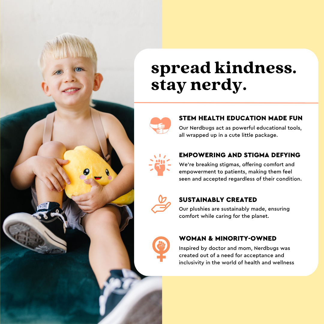 Smiling young boy sitting on a chair holding a nerdbugs pancreas plushie next to an infographic titled Spread Kindness Stay Nerdy about the brand values in education care and inclusion