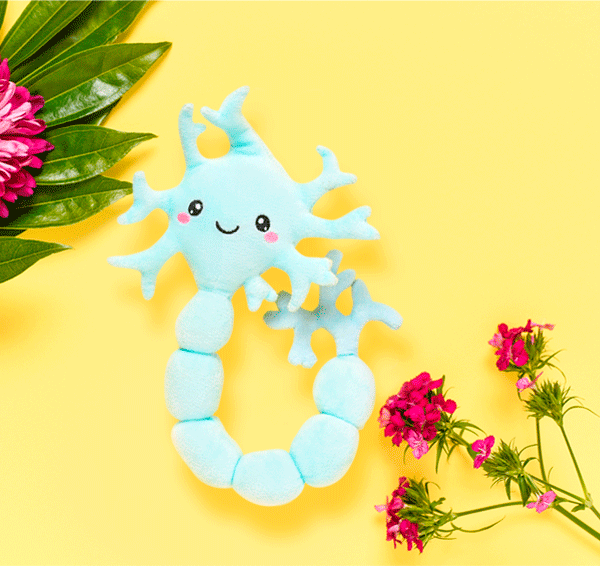 Neuron toy plushie in yellow background surrounded with flowers