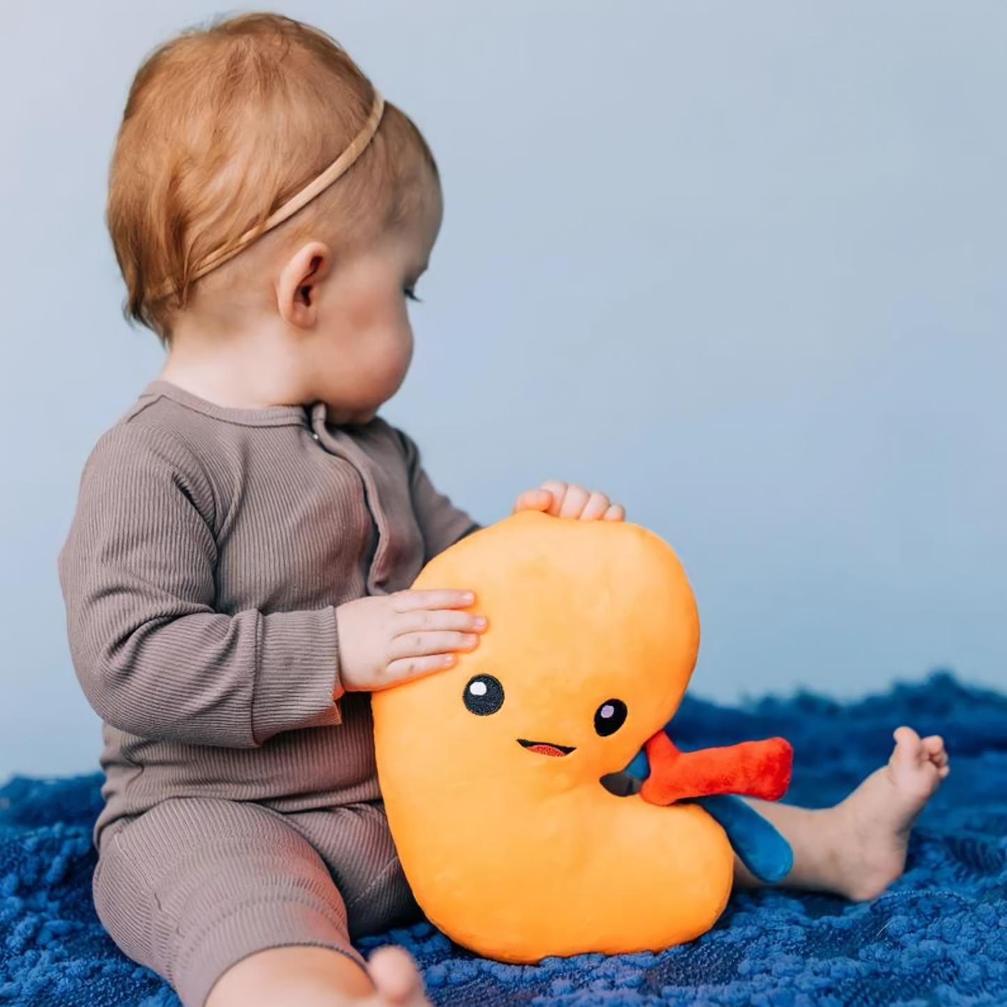 toddler sitting in a blue mattress holding a kidney toy plushie