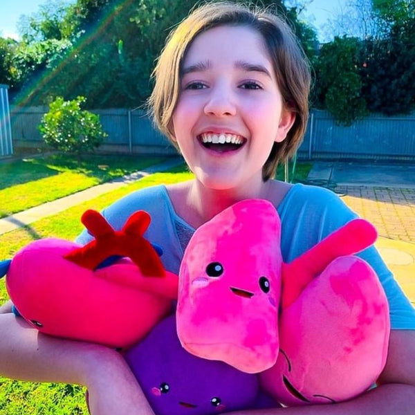Teenage boy holding the Nerdbugs Heart, Lung and Liver Plushie Organ