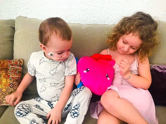Two kids holding a Nerdbugs Heart Plushie Organ
