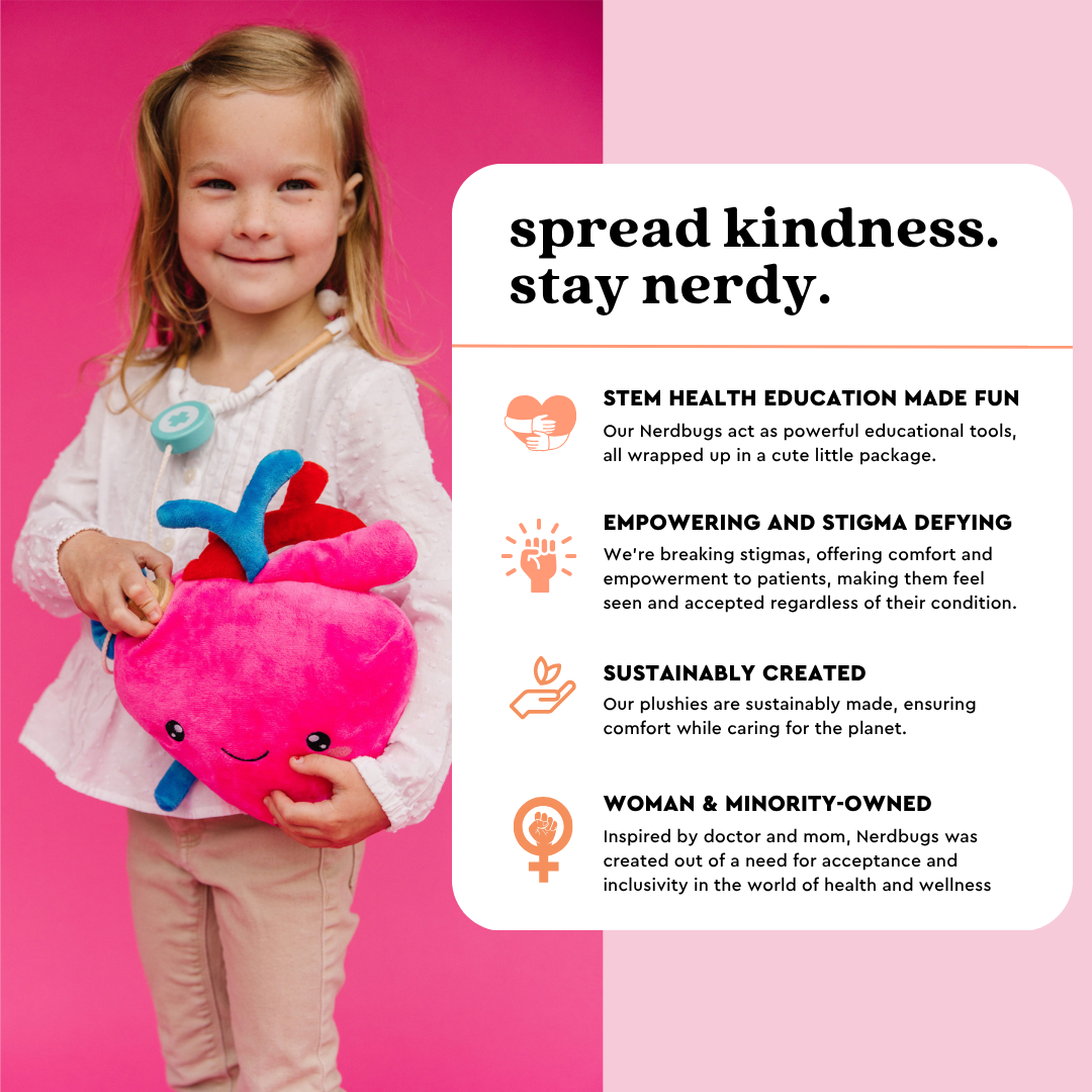 Young girl holding a nerdbugs heart plushie next to an infographic titled Spread Kindness Stay Nerdy showing the brand focus on education care and inclusion