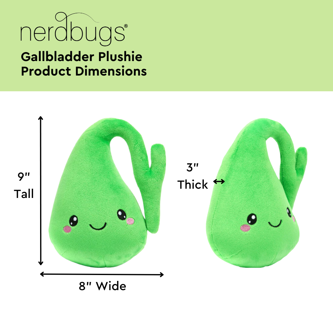 nerdbugs gallbladder plushie product dimensions 9 inches tall 8 inches wide 3 inches thick