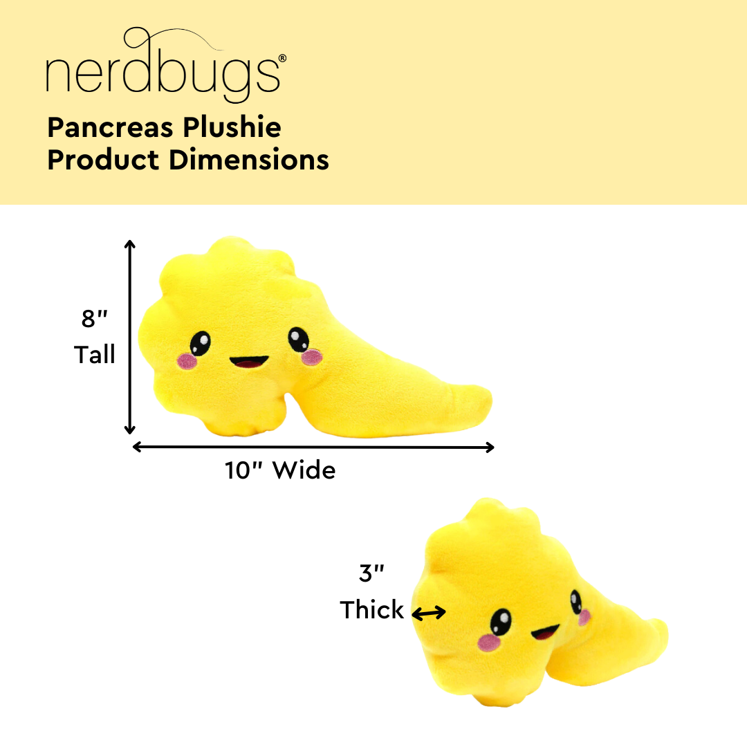 nerdbugs pancreas plushie product dimensions 8 inches tall 10 inches wide 3 inches thick