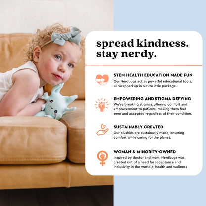 Young child holding a nerdbugs spine plushie next to an infographic titled Spread Kindness Stay Nerdy showing the brand focus on education care and inclusion