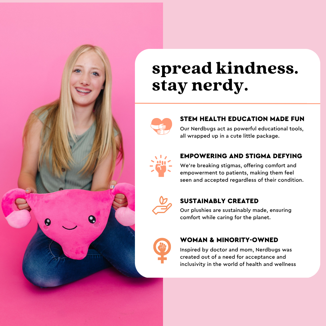 Image showing a teen girl holding nerdbugs uterus plushie next to an infographic titled Spread Kindness Stay Nerdy about the brand values in education care and inclusion