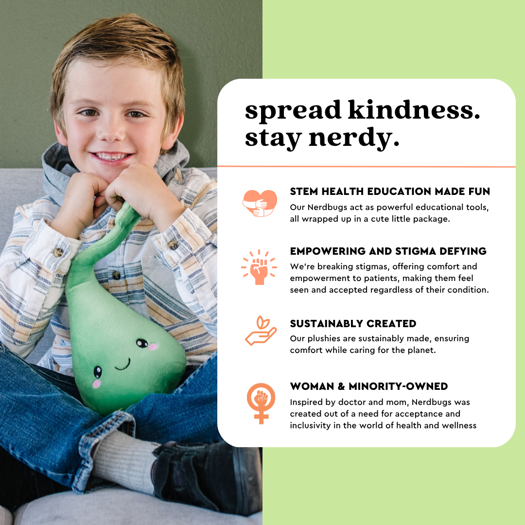Smiling young boy holding a green Nerdbugs gallbladder plushie next to an infographic titled Spread Kindness Stay Nerdy about the brand values in education care and inclusion