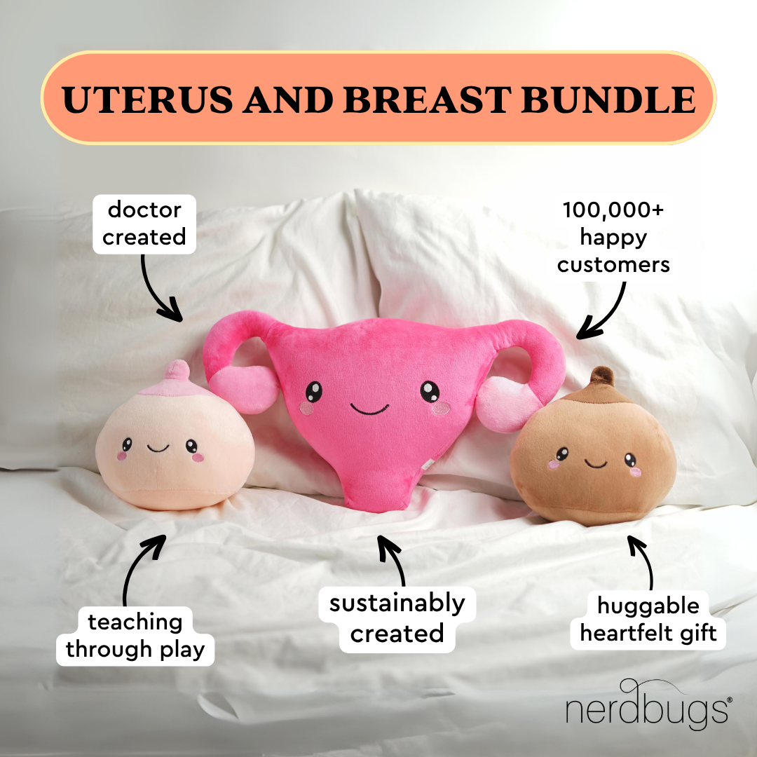 nerdbugs uterus and breast bundle plushies with labels doctor created teaching through play sustainably created huggable heartfelt gift 100000 plus happy customers