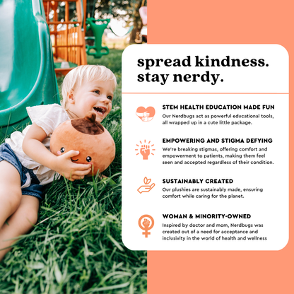 Image of a young child sitting on the grass at a playground, smiling and hugging a Nerdbugs breast plushie next to an infographic titled Spread Kindness Stay Nerdy about the brand values in education care and inclusion