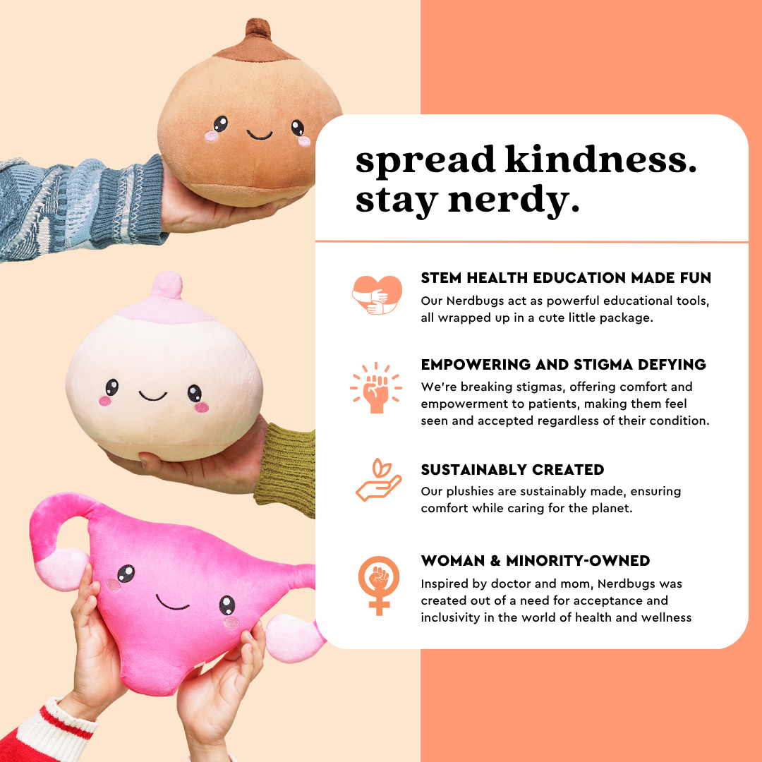 Image showing three hands holding Nerdbugs organ plushies next to an infographic titled Spread Kindness Stay Nerdy about the brand values in education care and inclusion