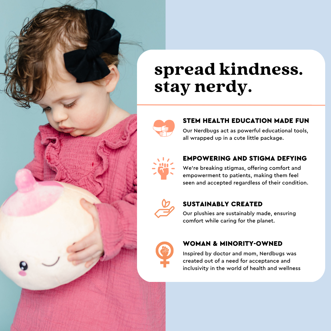 Young girl in a pink dress with a black bow in her hair holding a Nerdbugs breast ivory plushie next to an infographic titled Spread Kindness Stay Nerdy about the brand's values in education care and inclusion