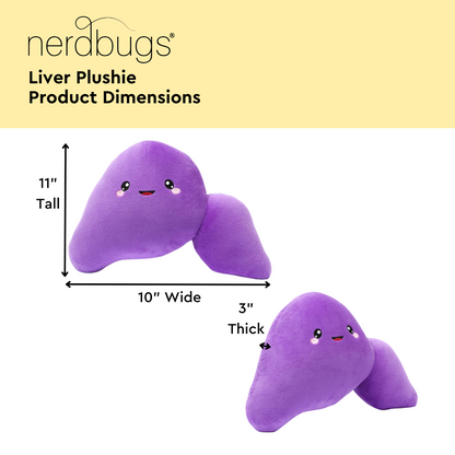 nerdbugs liver plushie product dimensions 11 inches tall 10 inches wide 3 inches thick