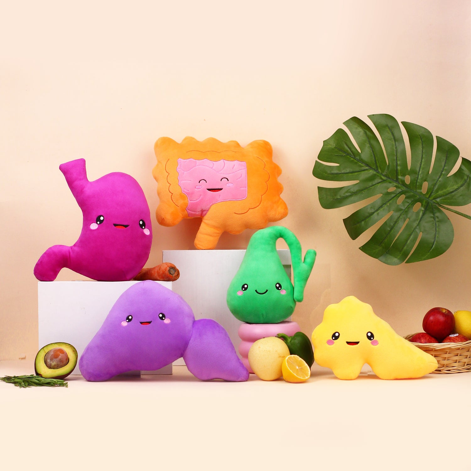 A collection of anatomically colorful themed plush toys resembling different organs of the body with cute facial expression