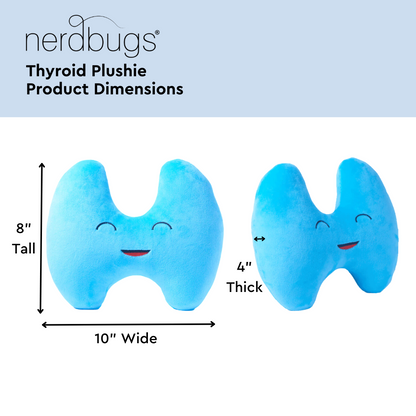 Image shows a blue thyroi plushie from NerdBugs, labeled with dimensions: 10" wide, 8" tall, and 4" thick. The plushie has a smiling face. Text at top reads "Thyroid Plushie Product Dimensions.